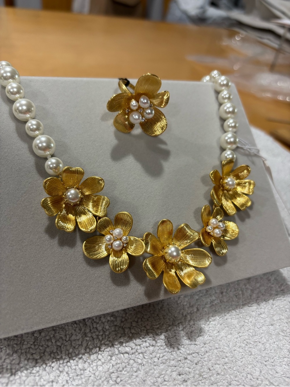 kate spade Gold-Tone Floral Pearl Necklace and Ring Set